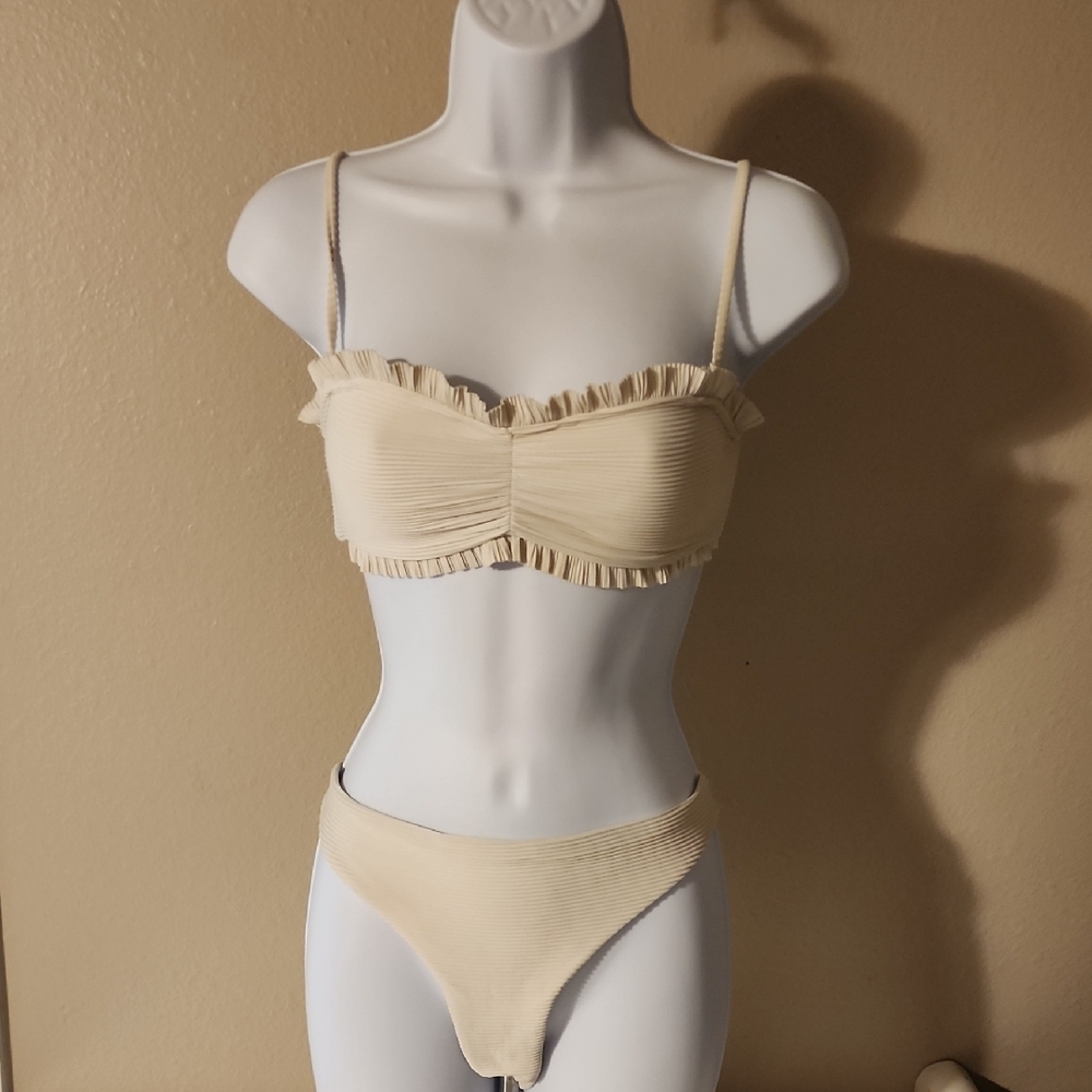 La Hearts Cream Textured Bandeau Bikini Set